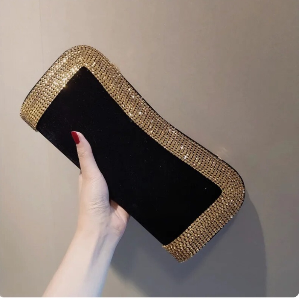 Elegant Black Velvet & Gold Bead Clutch Handbag